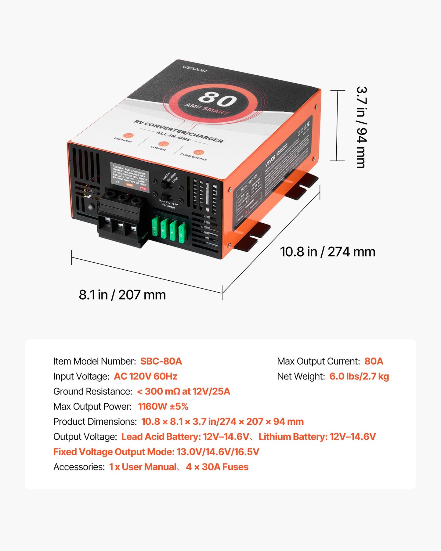 RV Power Converter, 80 Amp, 110V AC to 12V DC RV Converter Battery Charger, Multi Stage Smart Charging, 13V to 16.5V Operating Range, Compatible with Lithium & Lead Acid Battery, for Camper