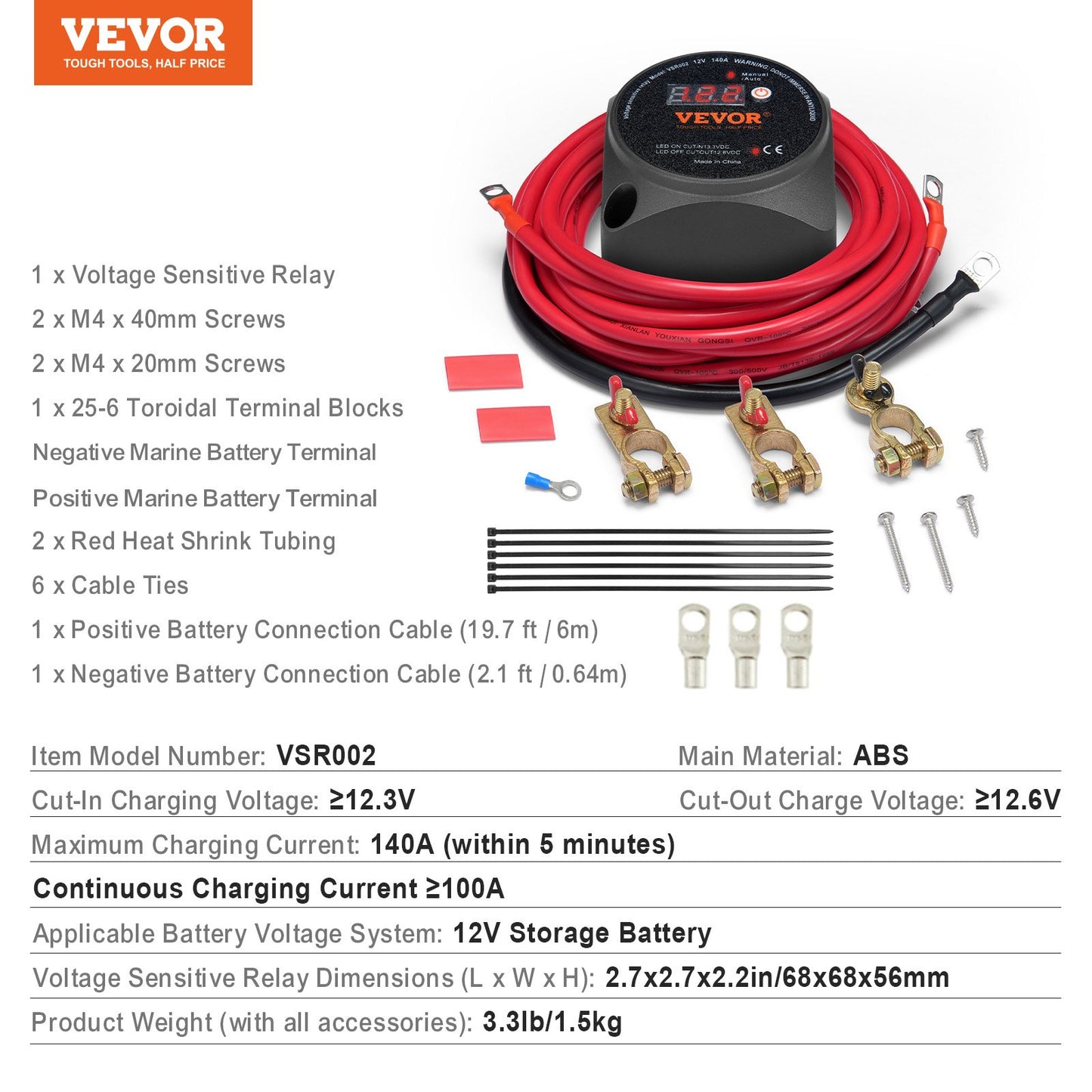 Dual Battery Isolator Kit, 12V 140Amp, Manual and Auto Modes VSR Voltage Sensitive Relay with LCD Screen, Smart Battery Isolator for ATV UTV RV Camper Off-Road Vehicle Caravan Truck Boat Yacht