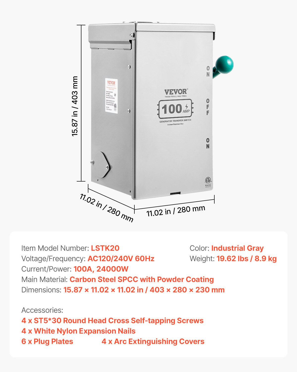 100A Generator Transfer Switch, 24000W Manual Transfer Switch, Heavy Duty Double-Throw Power Transfer Switch 120/240V, Meeting NEMA 3R Standards, for Outdoor, Indoor, and Portable Generator
