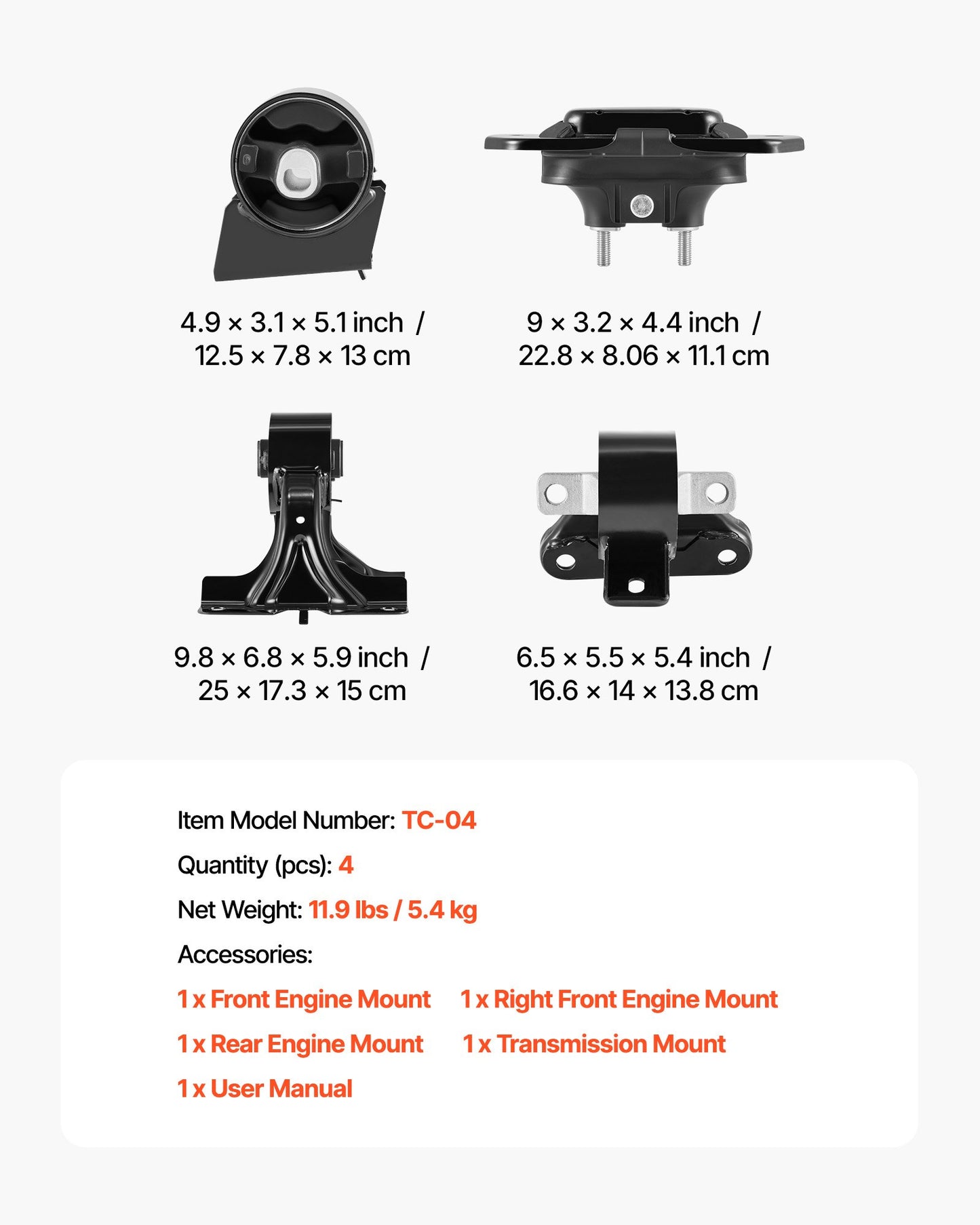 Engine Motor Mount and Transmission Mount Kit Replacement, Set of 4, Compatible with 2011–2019 Dodge Journey 3.6L FWD, Replace OE# A5551, A5443, A5632, A5543, Secure Support