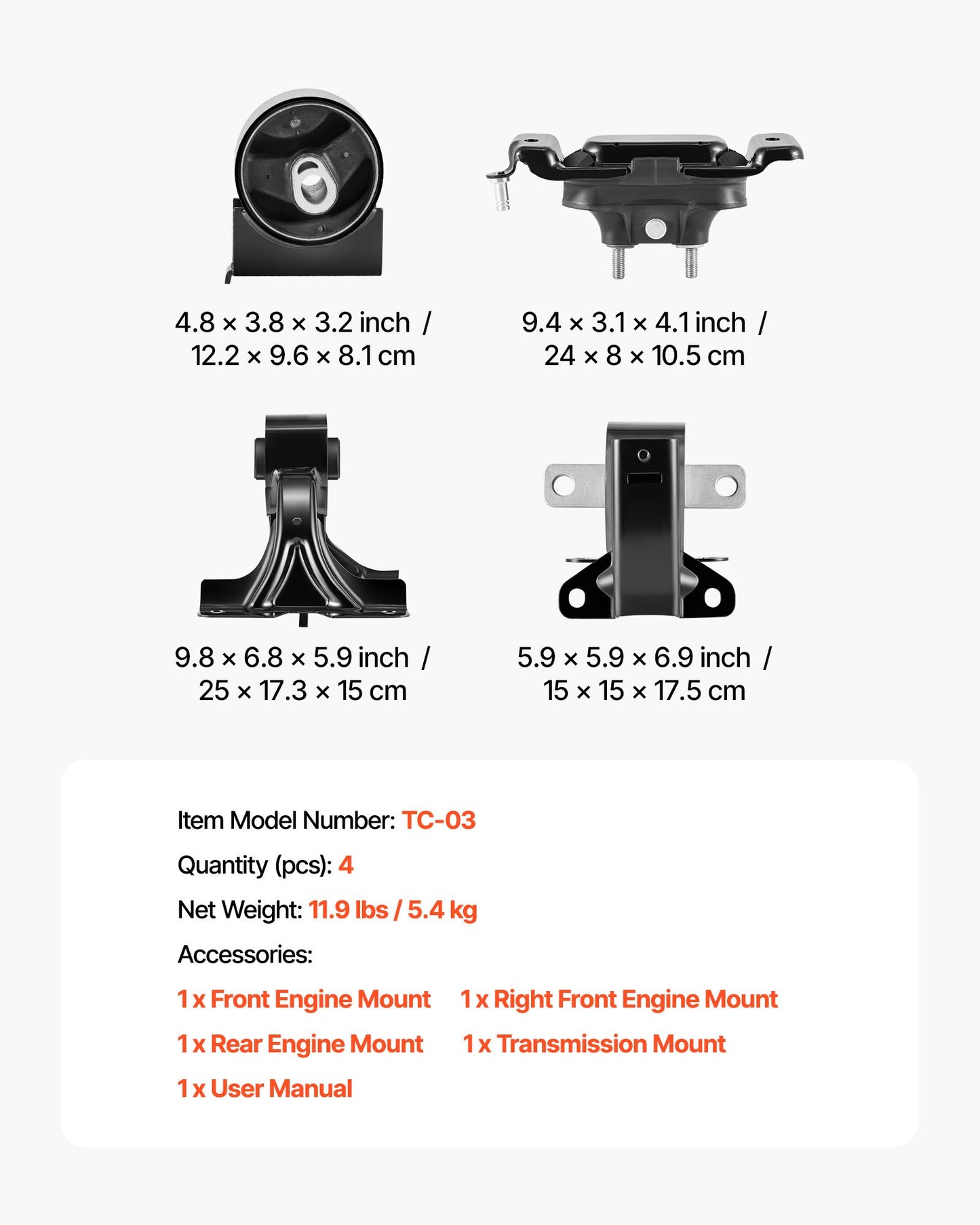 Engine Motor Mount and Transmission Mount Kit Replacement, Set of 4, Compatible with 2011–2016 Chrysler Town & Country 3.6L V6, Replace OE# A5665, A5480, A5589, A5577, Secure Support
