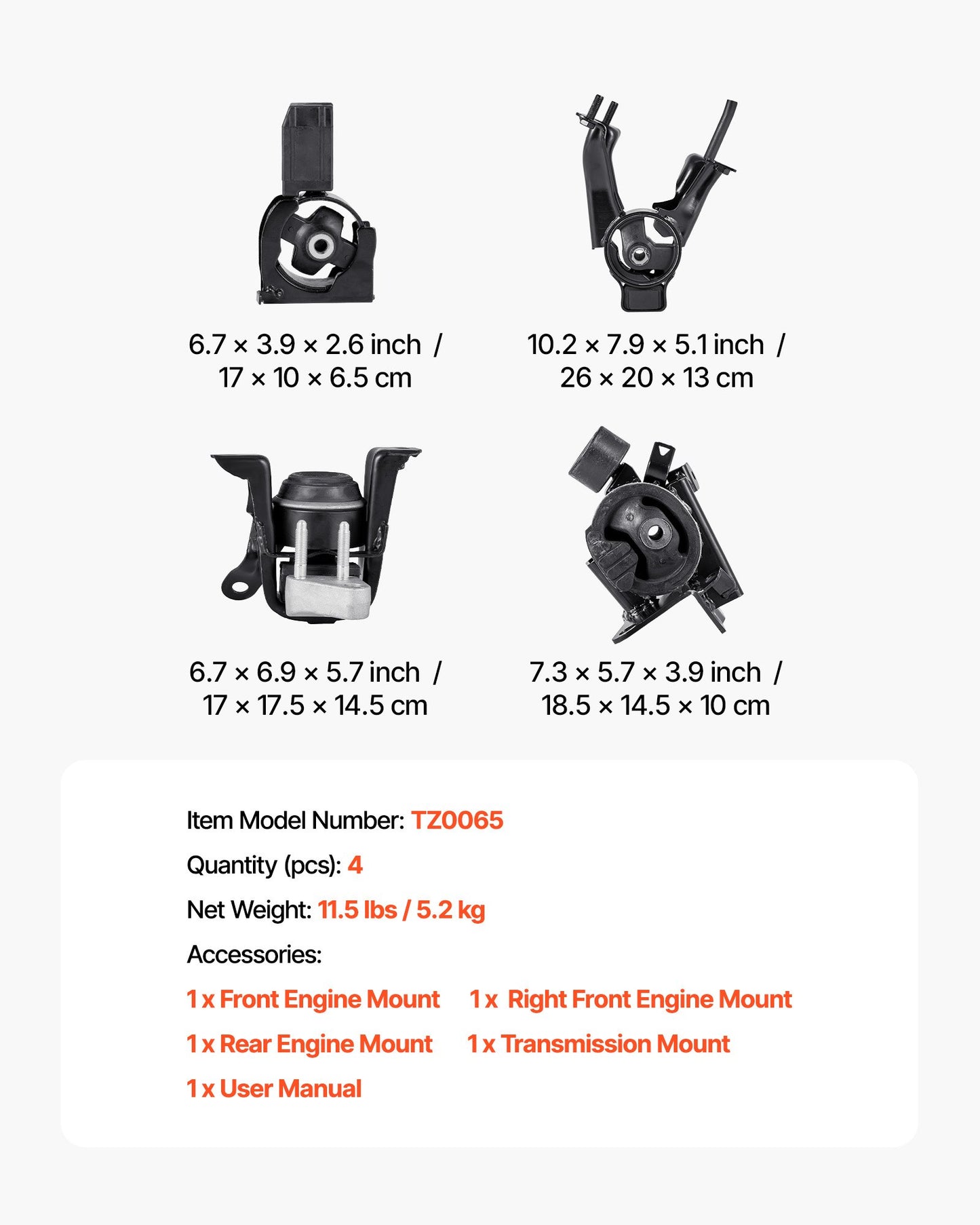 Engine and Transmission Motor Mount Kit Replacement, Set of 4, Compatible with 2003–2008 Toyota Corolla 1.8L L4, Replace OE# A4220, A4219, A4218, A4221, Secure Support
