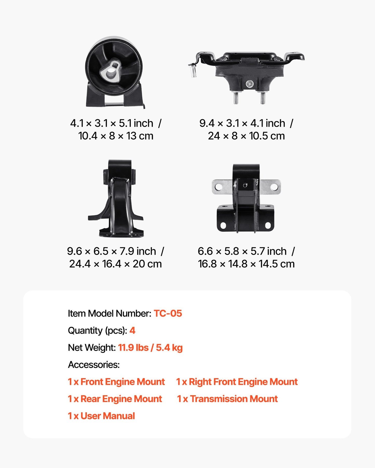 Engine Motor Mount and Transmission Mount Kit Replacement, Set of 4, Compatible with 2008–2010 Chrysler Town & Country 3.3L, Replace OE# A5654, A5480, A5465, A5493, Secure Support