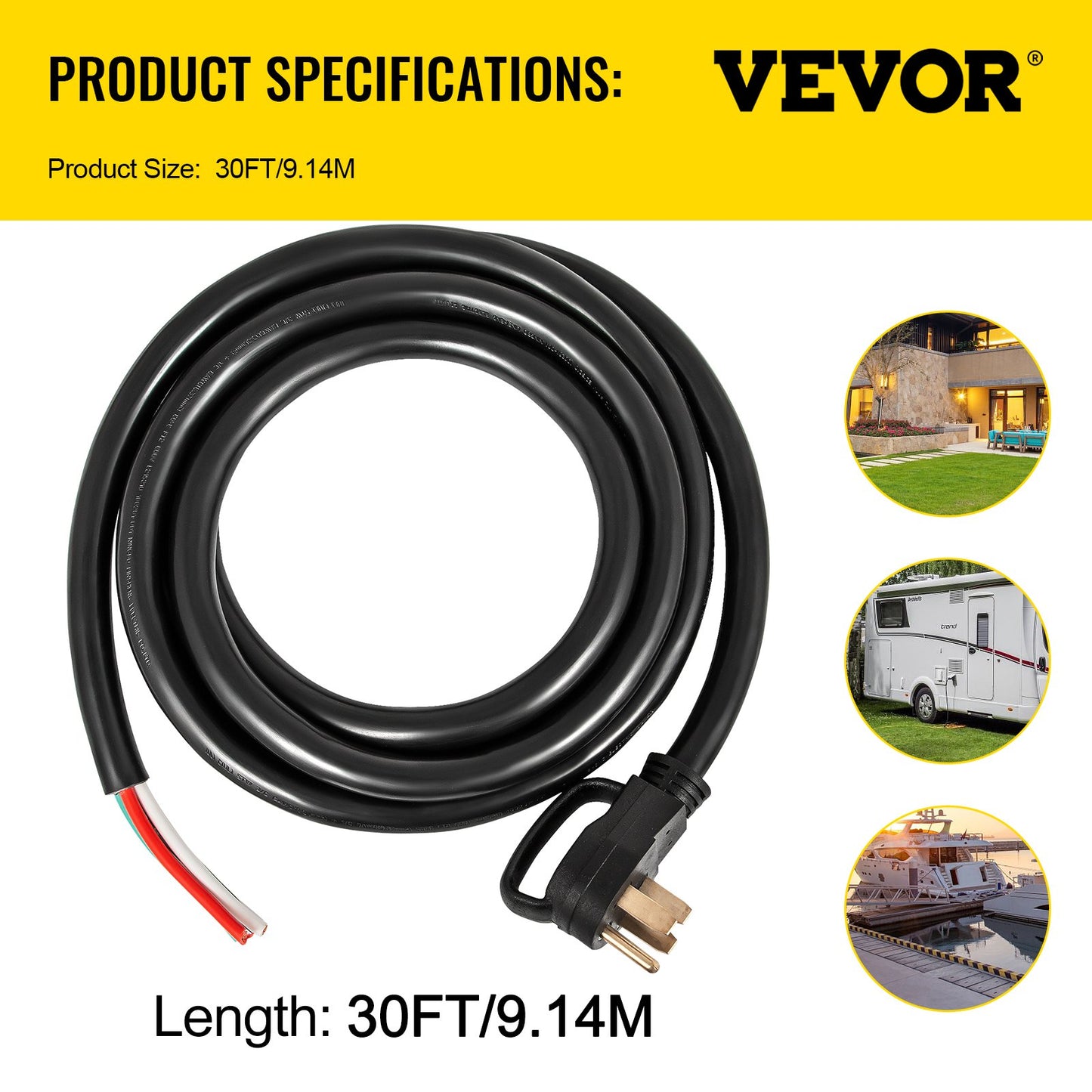 30' 50A RV Camp Power Cord Generator Cord 6/3 + 8/1 AWG NEMA 14-50P to Bare Wire