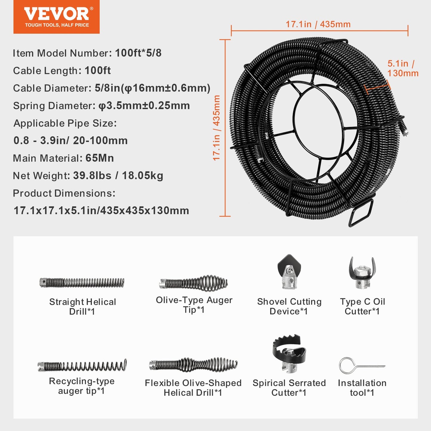 Drain Cleaning Cable 100 FT x 5/8 Inch, Professional Sectional Drain Cleaner Cable with 7 Cutters for 0.8" to 3.9" Pipes, Hollow Core Sewer Drain Auger Cable for Sink, Floor Drain, Toilet