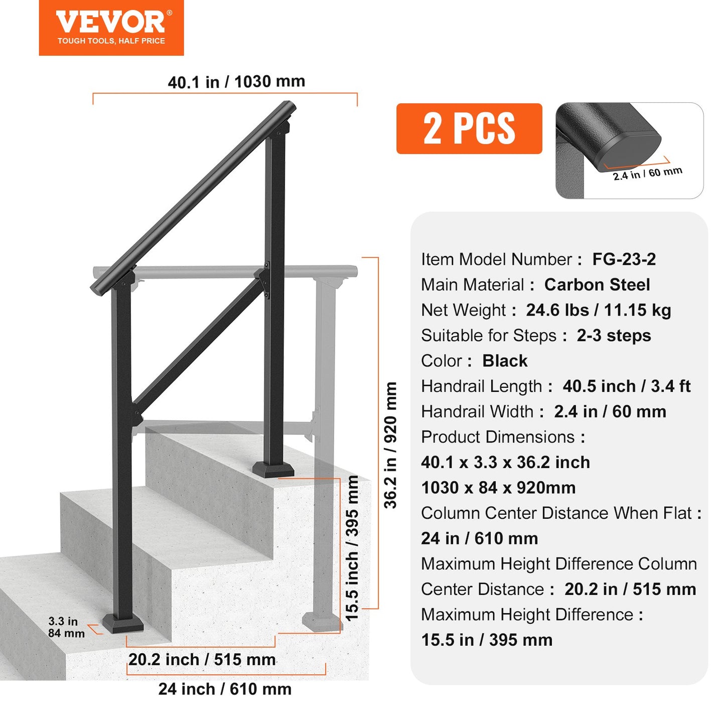 Handrails for Outdoor Steps, 2 PCS 2-3 Step Stair Hand Rail Kit, Transitional Carbon Steel Railings with Installation Kit, Stair Rails for Seniors, Concrete & Porch & Deck, Black Square Tube