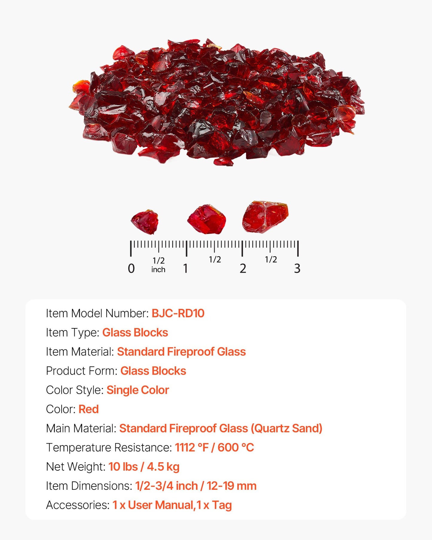 Fire Glass, 10 LBS / 4.5 KG Smokeless & High-Temperature Resistant Fireplace Rocks, 3/4-Inch / 19.05 mm Reflective Firepit Glass Rock, High Luster Stone Landscaping for Fire Pit Table, Red