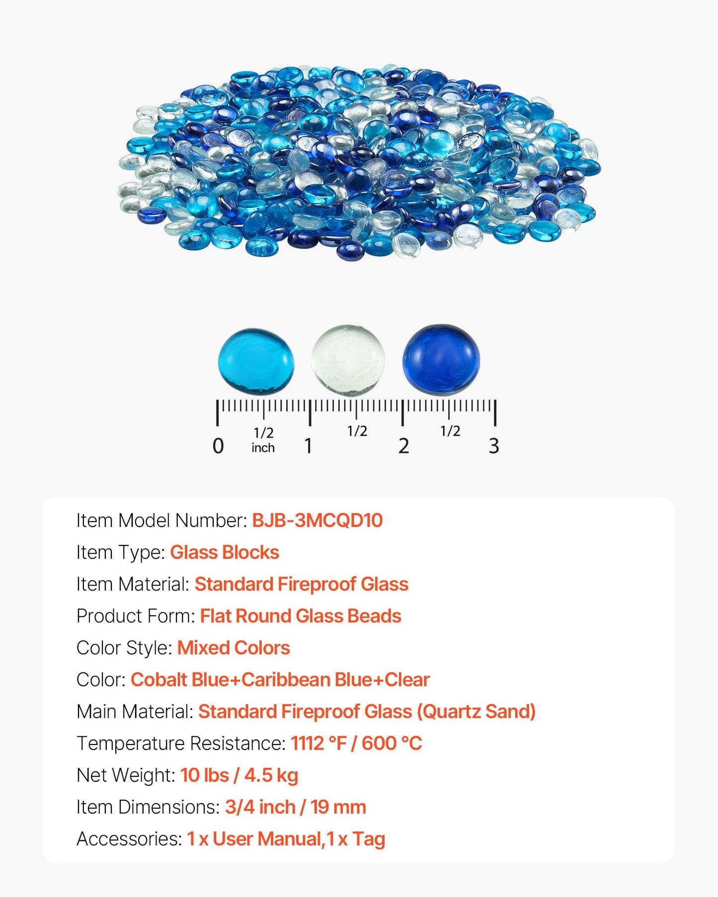 Fire Glass, 10LBS / 4.5KG Smokeless & Fireplace Rocks, 3/4-Inch / 19.05 mm Reflective Firepit Glass Beads, High Luster Stone Landscaping for Fire Pit Table, Cobalt Blue + Caribbean Blue + Clear