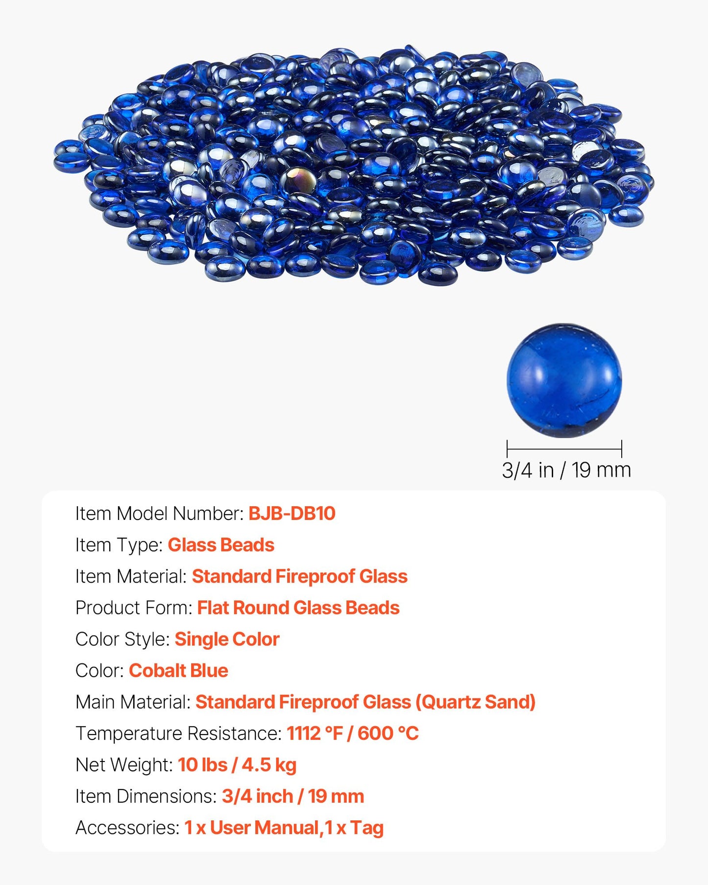 Fire Glass, 10LBS/4.5KG High-Temperature Resistant Fireplace Rocks, 3/4-Inch / 19.05 mm Reflective & Smokeless Firepit Glass Beads, High Luster Stone Landscaping for Fire Pit Table, Cobalt Blue