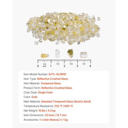 10 LBS eldglas 1/2-tums eldstadsglasstenar för eldstadsbord guld | EU