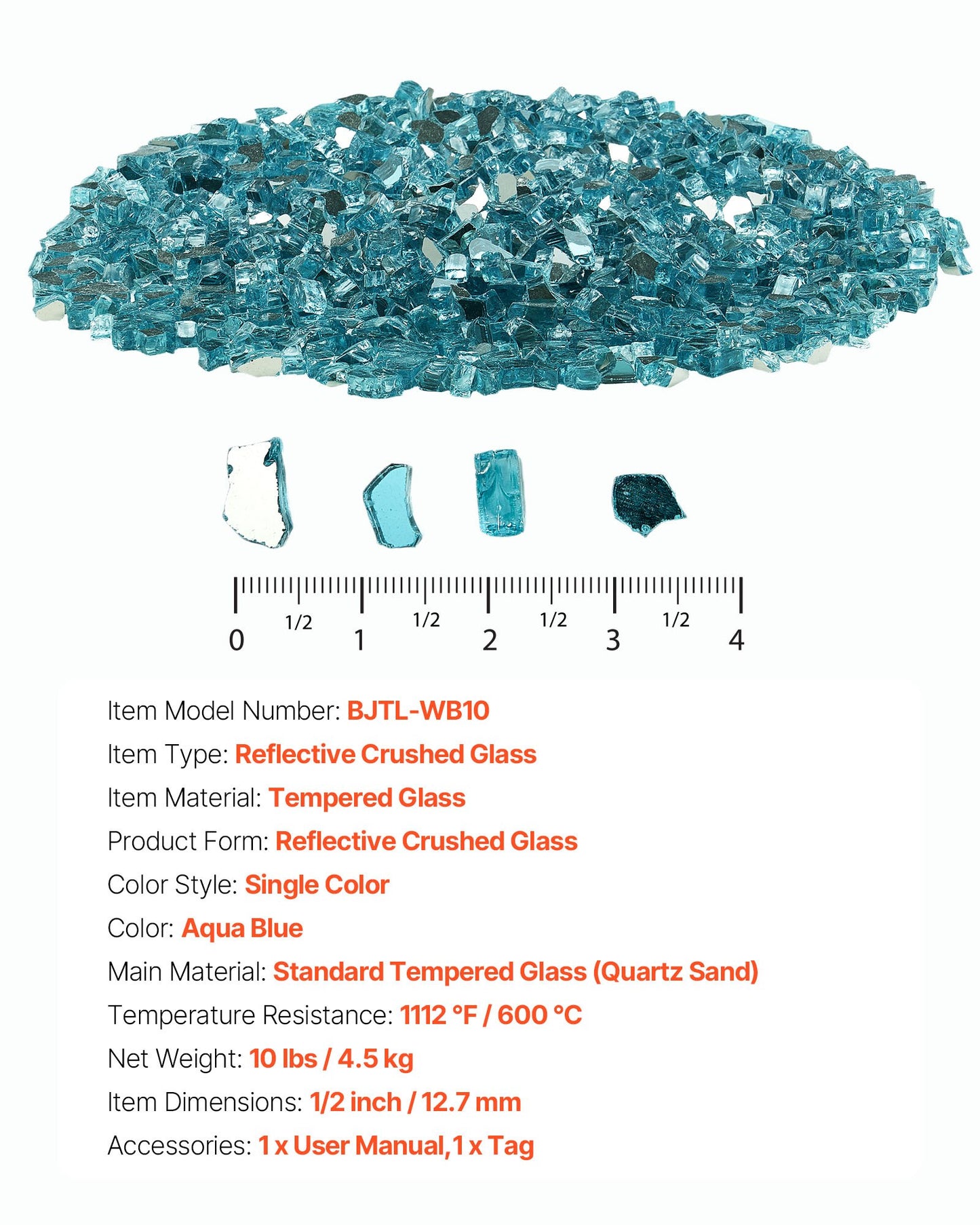 Fire Glass, 10 LBS / 4.5 KG High-Temperature Resistant Fireplace Rocks, 1/2-Inch / 12.7 mm Reflective & Smokeless Firepit Glass Rock, High Luster Stone Landscaping for Fire Pit Table, Aqua Blue