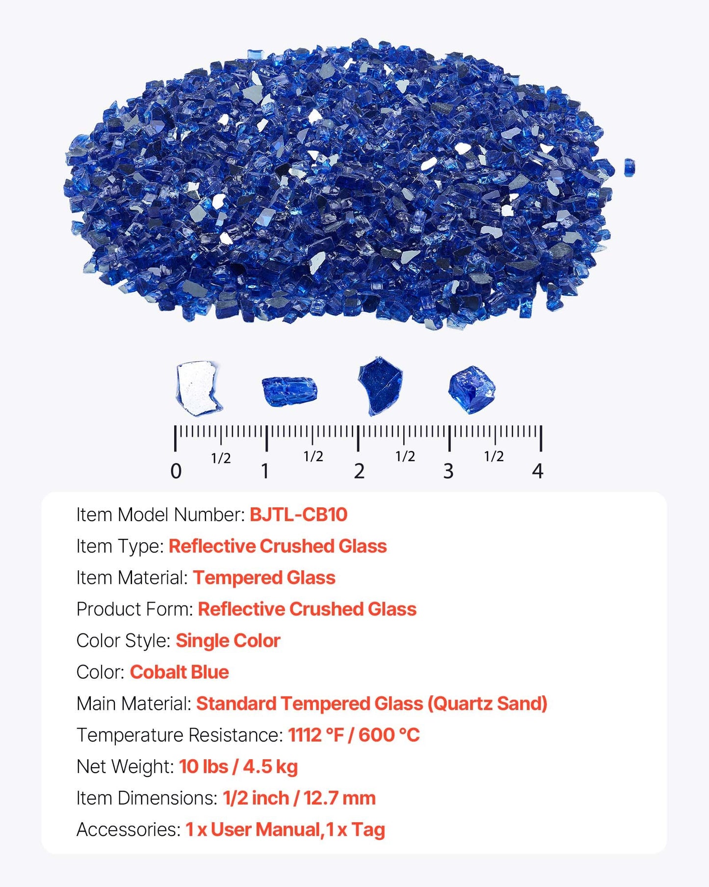 Fire Glass, 10LBS / 4.5KG High-Temperature Resistant Fireplace Rocks, 1/2-Inch / 12.7 mm Reflective & Smokeless Firepit Glass Rock, High Luster Stone Landscaping for Fire Pit Table, Cobalt Blue