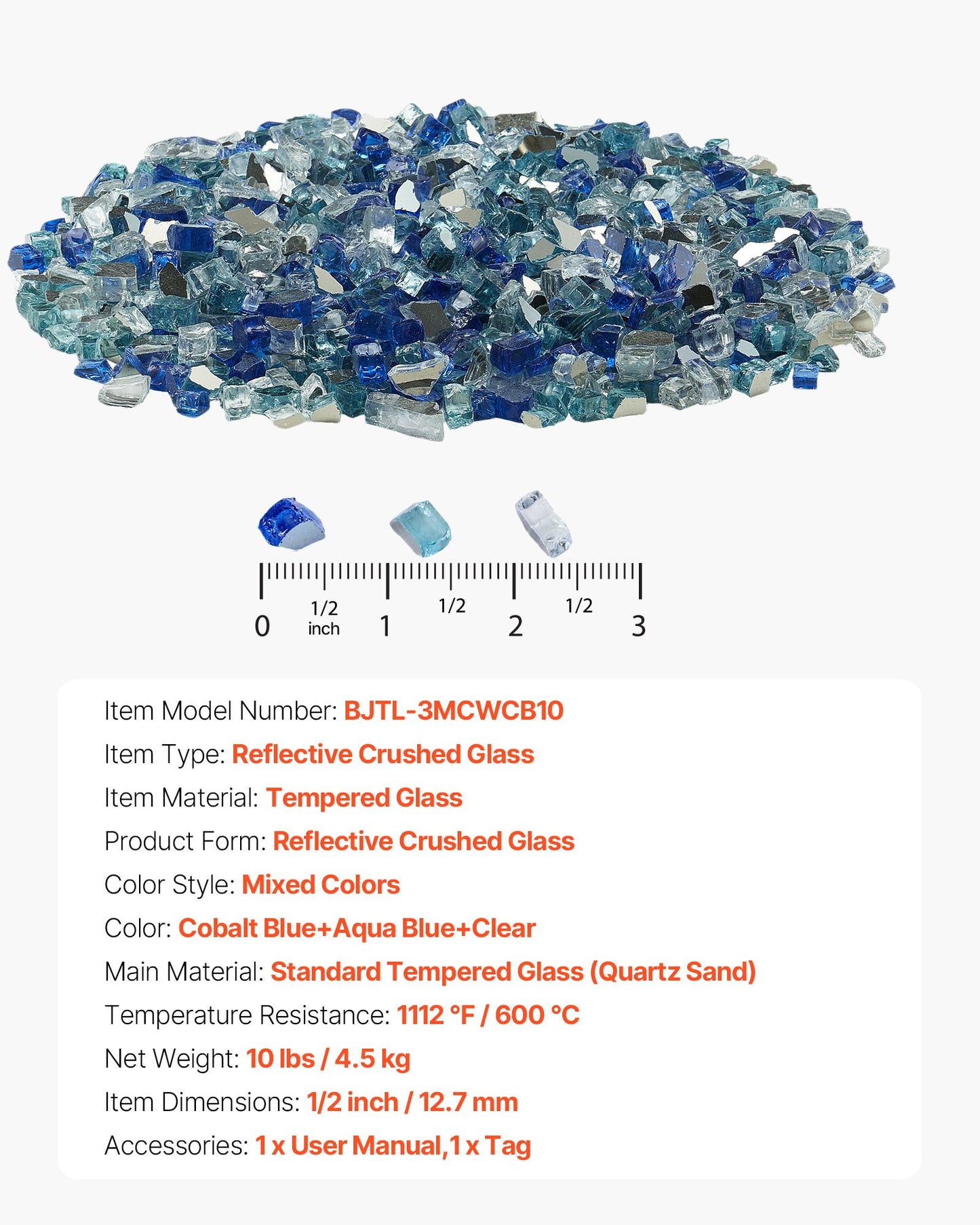 Fire Glass, 10 LBS / 4.5 KG Fireplace Rocks, 1/2-Inch / 12.7 mm Reflective Firepit Glass Rock, High Luster & Smokeless Stone Landscaping for Fire Pit Table, Cobalt Blue + Aqua Blue + Clear