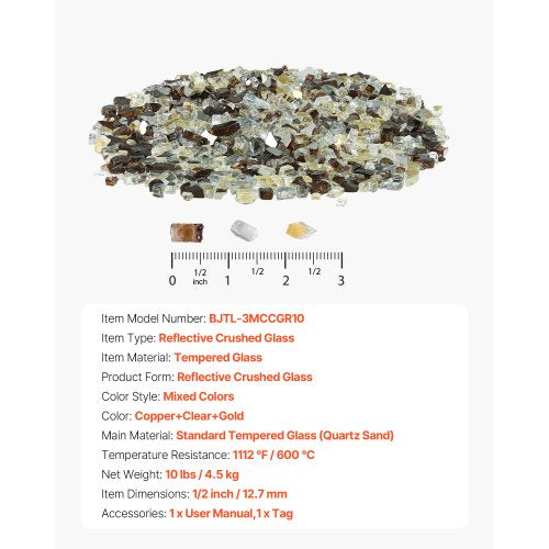 4,5 kg Feuerglas 1,25 cm Feuersteine für Kamin, Kupfer, Gold, Klar | EU