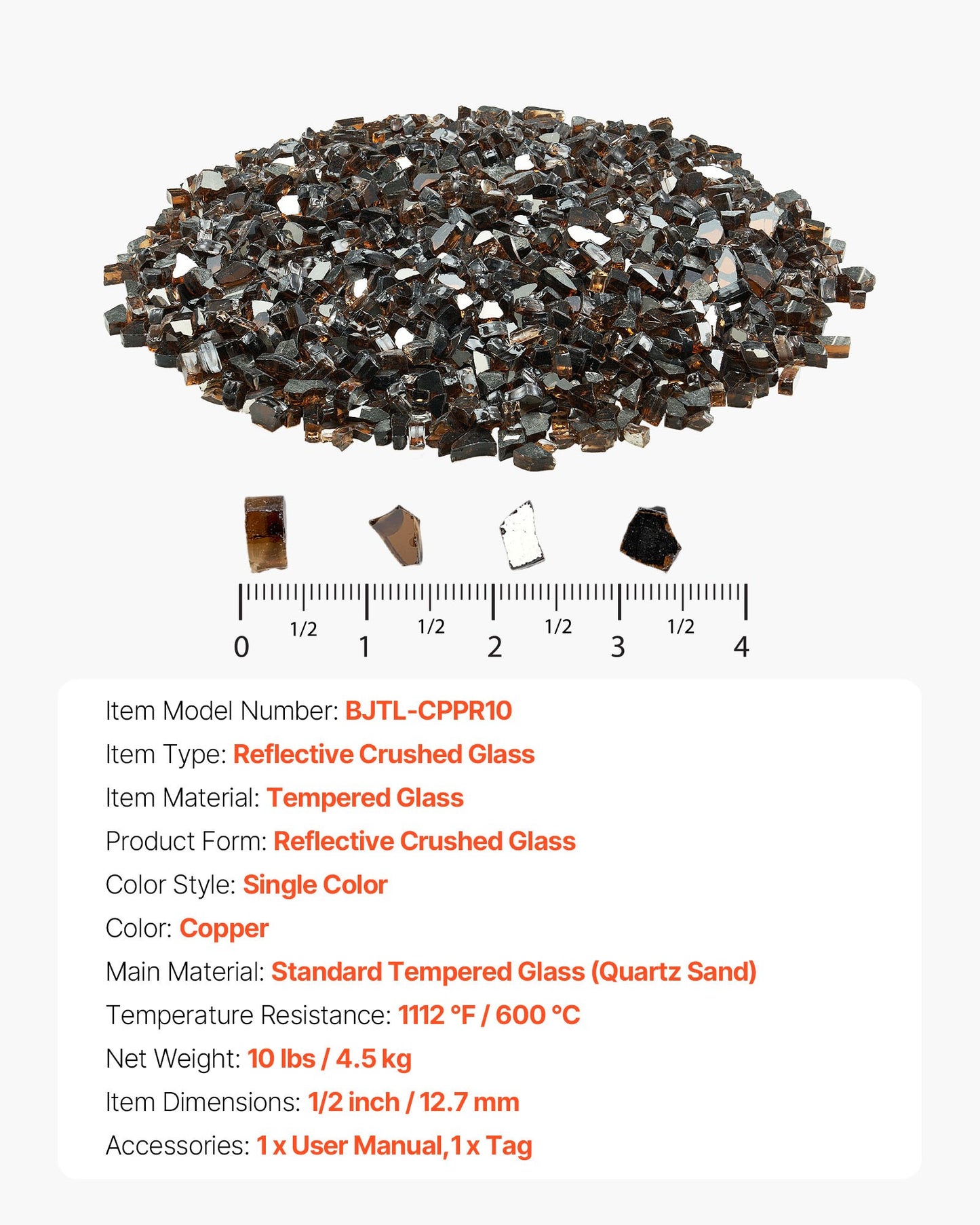Fire Glass, 10 LBS / 4.5 KG High-Temperature Resistant Fireplace Rocks, 1/2-Inch / 12.7 mm Reflective & Smokeless Firepit Glass Rock, High Luster Stone Landscaping for Fire Pit Table, Copper