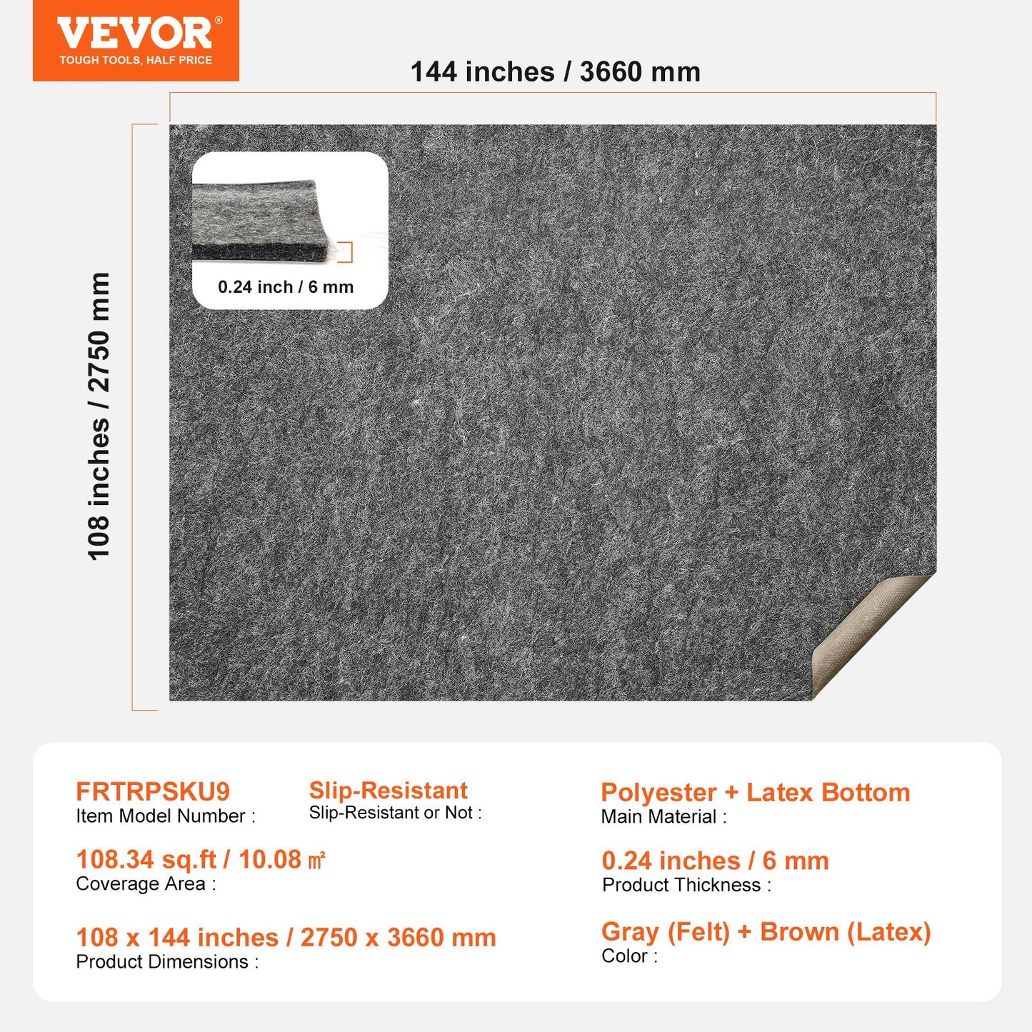 - Slip-Resistant Rug Pad - Protective Cushioning Carpet Pad - 9' x 12' - 1/4"Thick - Dual Surface - Polyester Felt + Latex - Gray - 10-11㎡ Area Carpet Padding Rug Cushion Safe for All Floors