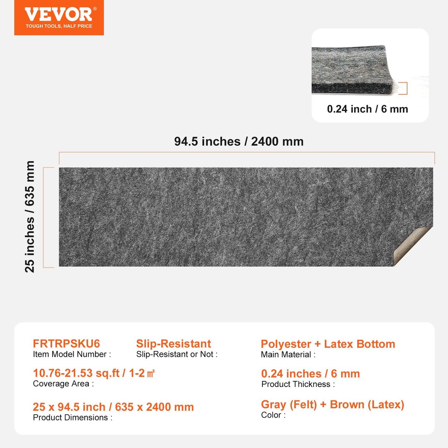 Slip-Resistant Rug Pad, Protective Cushioning Carpet Pad, 2'x8' (7.87' Actual) - 1/4"Thick - Dual Surface - Polyester Felt + Latex, 1-2㎡ Area Carpet Padding Rug Cushion Safe for All Floors, Grey