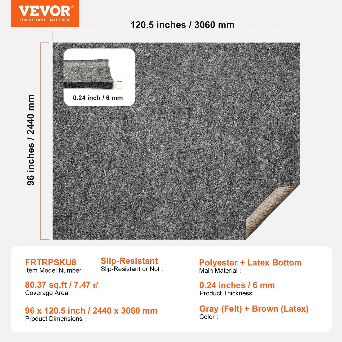 - Slip-Resistant Rug Pad - Protective Cushioning Carpet Pad - 8' x 10' - 1/4"Thick - Dual Surface - Polyester Felt + Latex - Gray - 7-8㎡ Area Carpet Padding Rug Cushion Safe for All Floors
