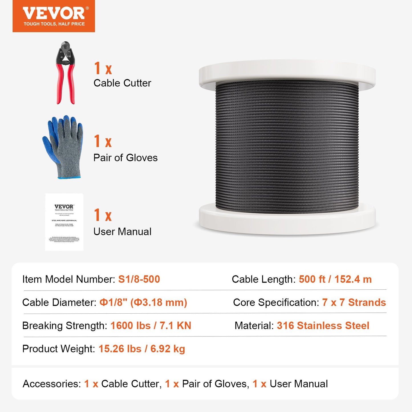 Wire Rope Kit, 1/8" 500 ft 316 Stainless Steel Cable with Cutter and Gloves, 1600 lbs Breaking Strength, 7x7 Strands Core Marine Aircraft Grade for Handrail Stair Decking Fence Outdoors, Black