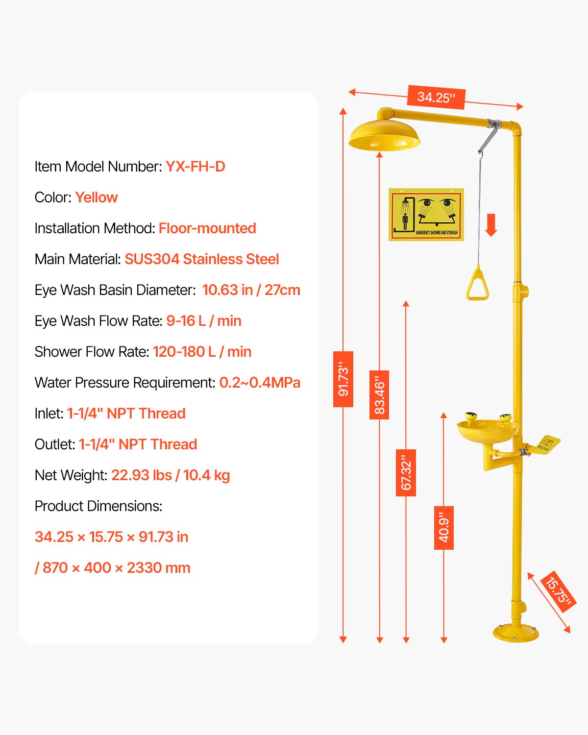 Emergency Shower Eye Wash Station, 34.25 x 15.75 x 91.73 Inch 304 Stainless Steel Eyewash and Shower Combination, OSHA-Approved First Aid Eye Wash Station, for Schools, Labs, Factories, Yellow