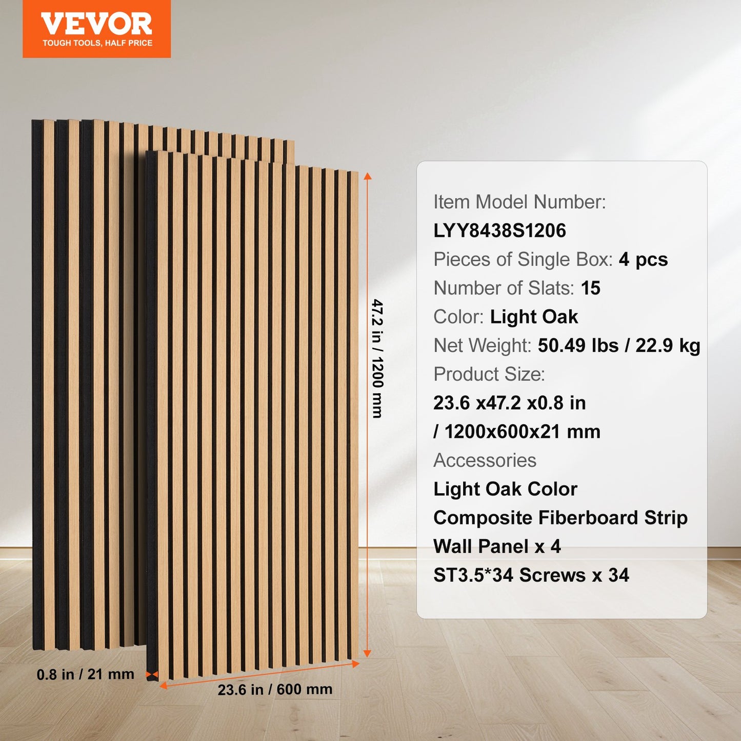 Wood Slat Acoustic Panels, 23.6 x 47.2 inch, MDF Accent Wooden Wall Panels for Modern Interior Wall Decor, Faux Wood Wall Board Panels for Noise Reduction, Light Oak