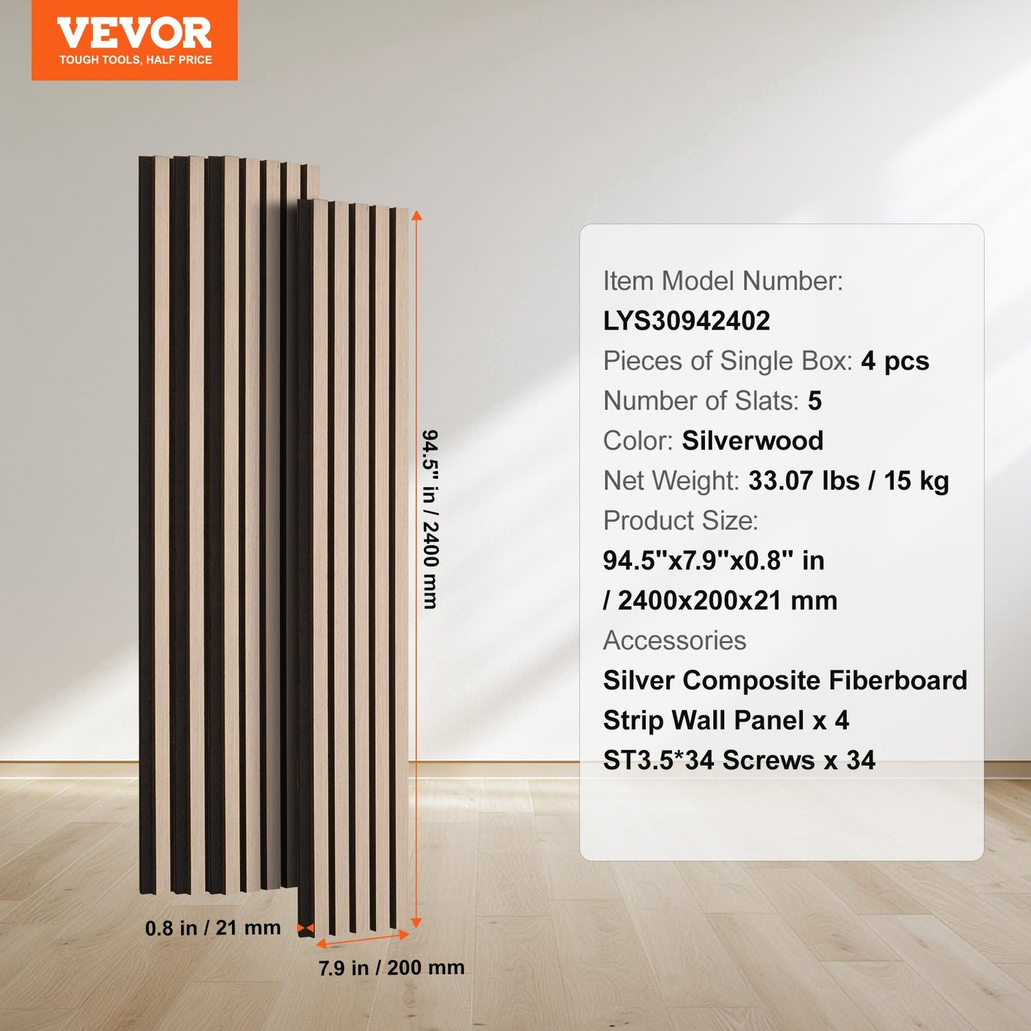 Wood Slat Acoustic Panels, 7.9 x 94.5 inch, MDF Accent Wooden Wall Panels for Modern Interior Wall Decor, Faux Wood Wall Board Panels for Noise Reduction, Silver Wood