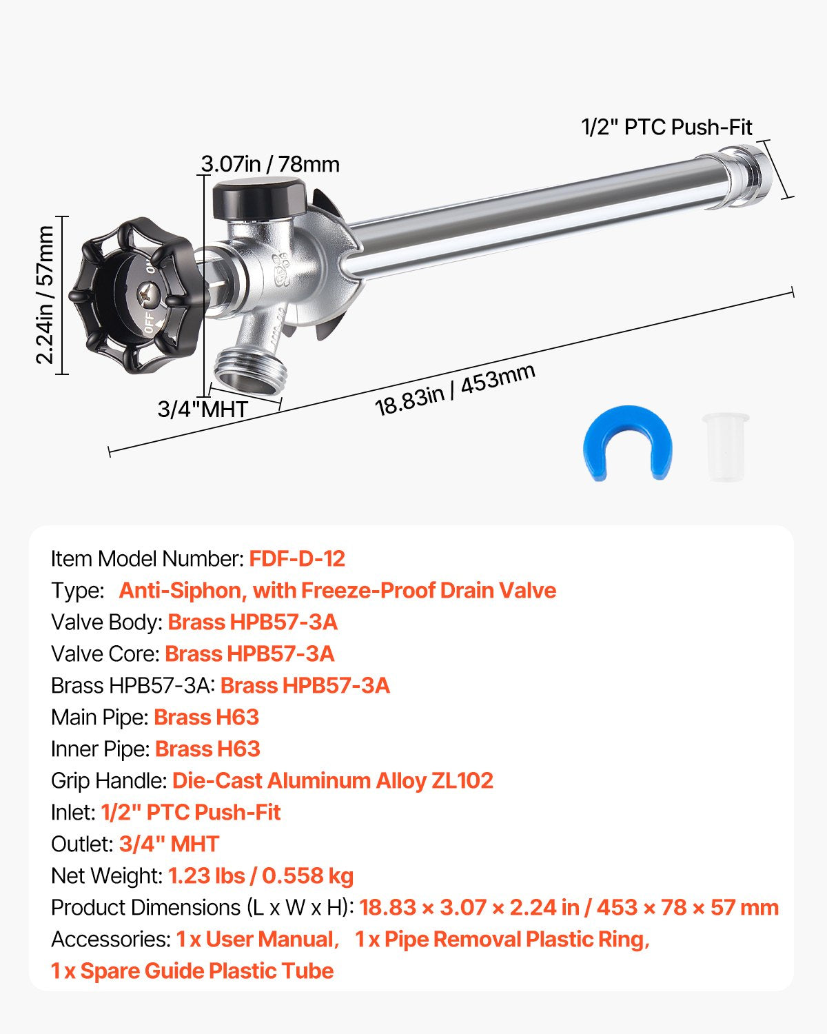 12-Inch Frost-Free Sillcock, 1/2" PTC x 3/4" MHT Hose Bibb, Anti-Siphon Lead-Free Brass Valve, Push-to-Connect Brass Plumbing Fitting, Compatible with PEX, Copper, CPVC Pipes