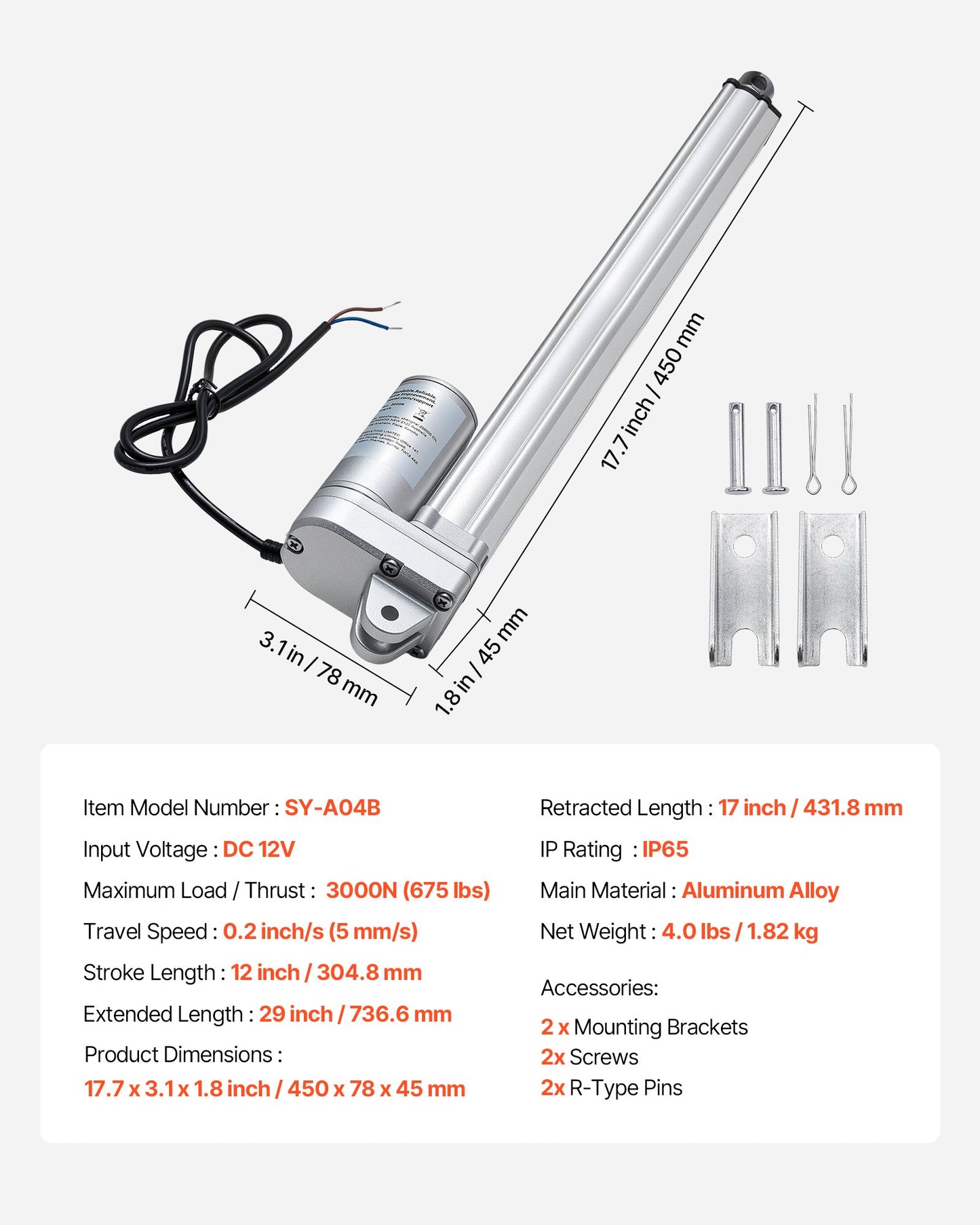 12V Linear Actuator, 12 Inch IP65 Waterproof Linear Actuator, 675lbs/3000N 0.2"/s Motion Actuators with Mounting Bracket for Outdoor Use