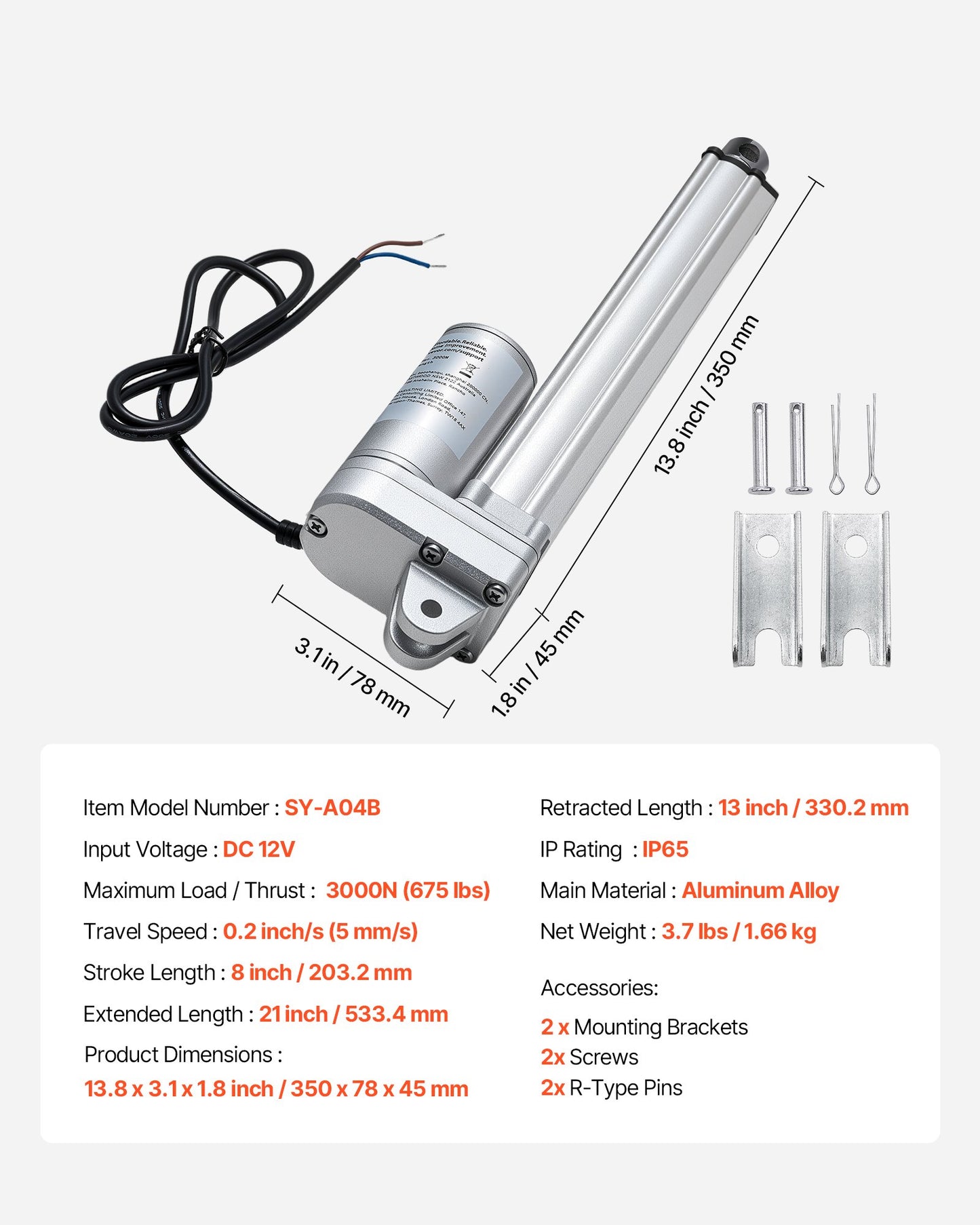 12V Linear Actuator, 8 Inch IP65 Waterproof Linear Actuator, 675lbs/3000N 0.2"/s Motion Actuators with Mounting Bracket for Outdoor Use