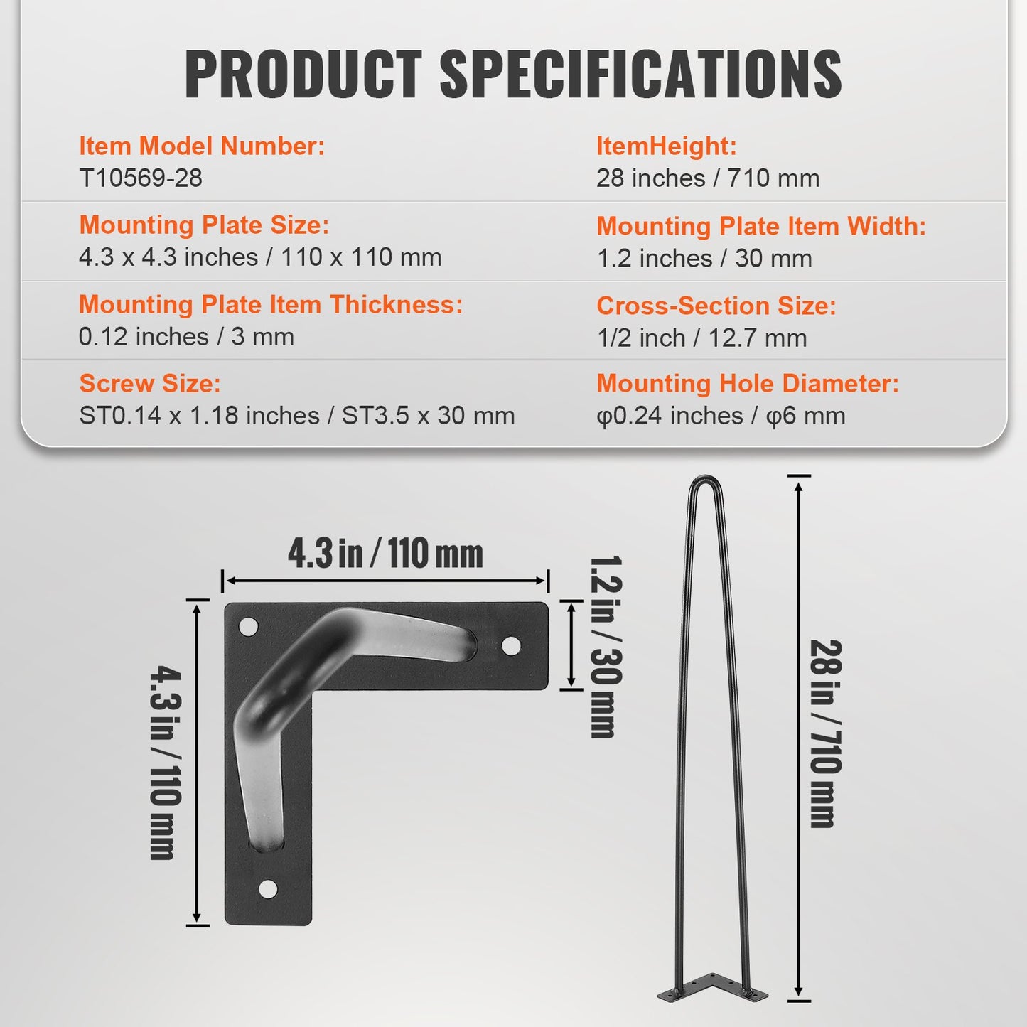 28" Hairpin Furniture Legs, Metal Home DIY Projects for Nightstand, Coffee Table, Desk, 500lbs Load Capacity with Rubber Floor Protectors, Metal Heavy Duty Sturdy Modern Table Legs, 4PCS Black