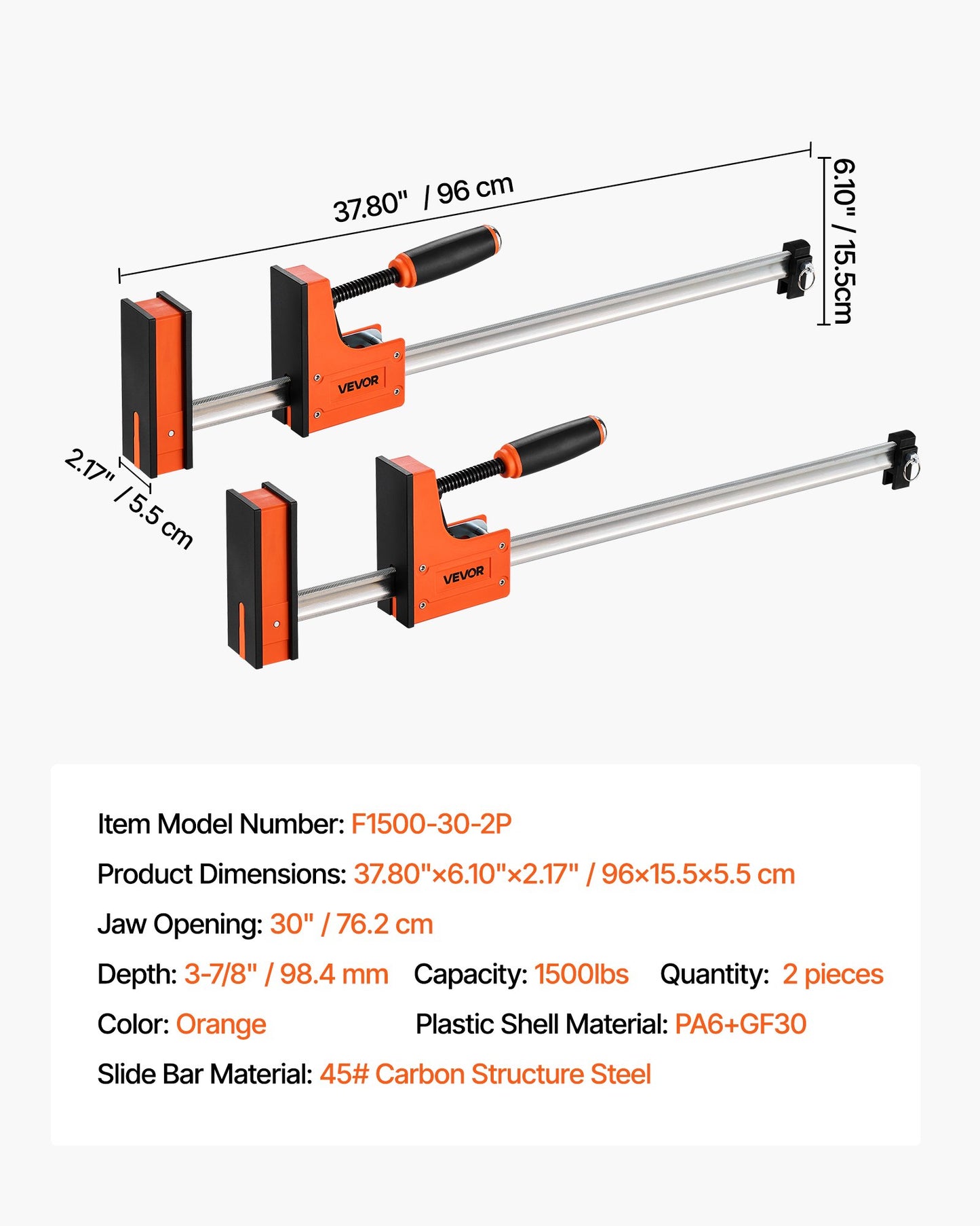 Bar Clamps for Woodworking, 2-Pack 30 inch Parallel Clamp Set, F-Clamp with 1500 lbs Load Limit, Even Pressure, High-strength Plastic and Carbon Steel, for Woodworking Metal Working, Orange