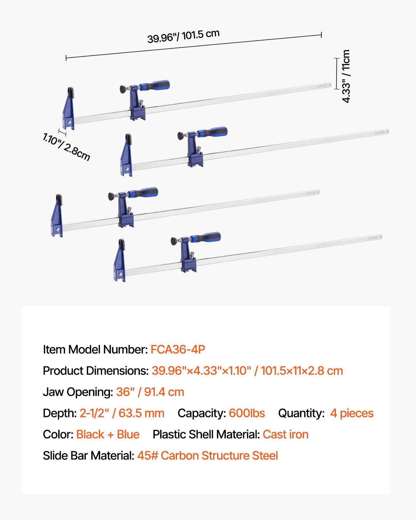 Bar Clamps for Woodworking, 4-Pack 36 inch Opening, Lockable F-Clamp with 600 lbs Load Limit, 2-1/2 inch Depth, Cast Iron and Carbon Steel, Easy to Use, Wood Clamps for Woodworking Metal Working