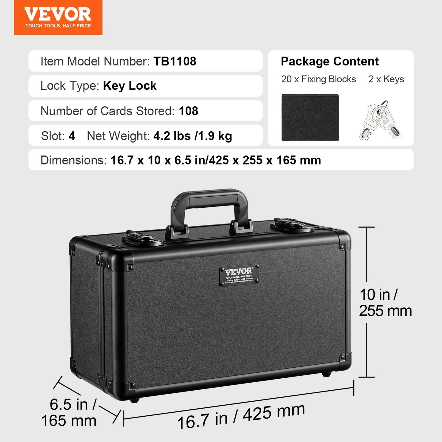 Graded Card Storage Box, 4 Slots, Graded Sports Cards Holder Carrying Case with Key Lock Foam Dividers, for 108 PSA Graded Cards 76 BGS Cards 84 SGC Cards 388 Top Loaders or 999+ Loose Cards