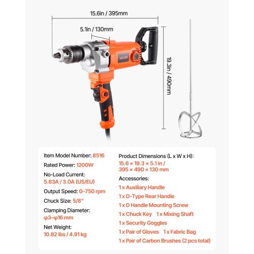 Drill Mixer 1200W 0-750 RPM Corded Electric Drill Mixer Set Mud Mixer Drills | EU