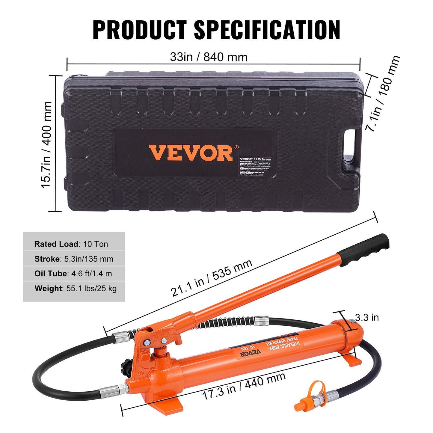 10 Ton Porta Power Kit, Hydraulic Ram with Pump, Car Jack with 4.6 ft/1.4 m Oil Hose, Bent Frame Repair Tool with Storage Case for Automotive, Garage, Heavy Equipment, Mechanic (22046 LBS)