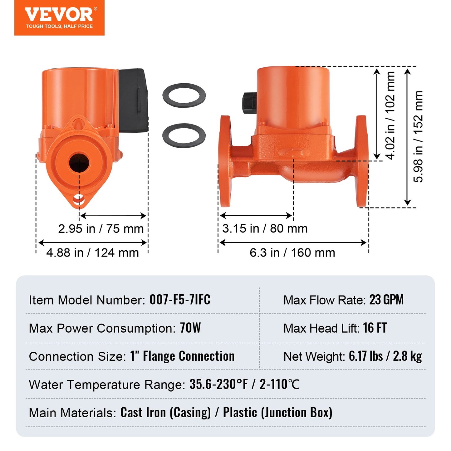 007-F5-7IFC Hot Water Recirculating Pump, 110V, 70W 23 GPM Hot Water Circulation Pump, 1" NPT Flange 3-Speed Circulator Pump, Quiet Operation Circulator Pump for Home Water Heater System