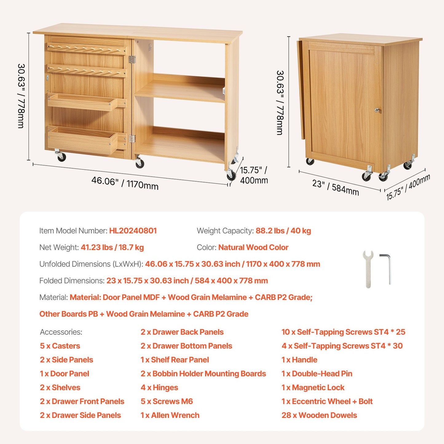 Folding Sewing Table, Multipurpose Sewing Machine Table with Compact Design, Wheels, Shelves, Storage Trays, Wooden Pegs, and Magnetic Doors, Sewing Desk Cabinet for Sewing Machine, Wood Color