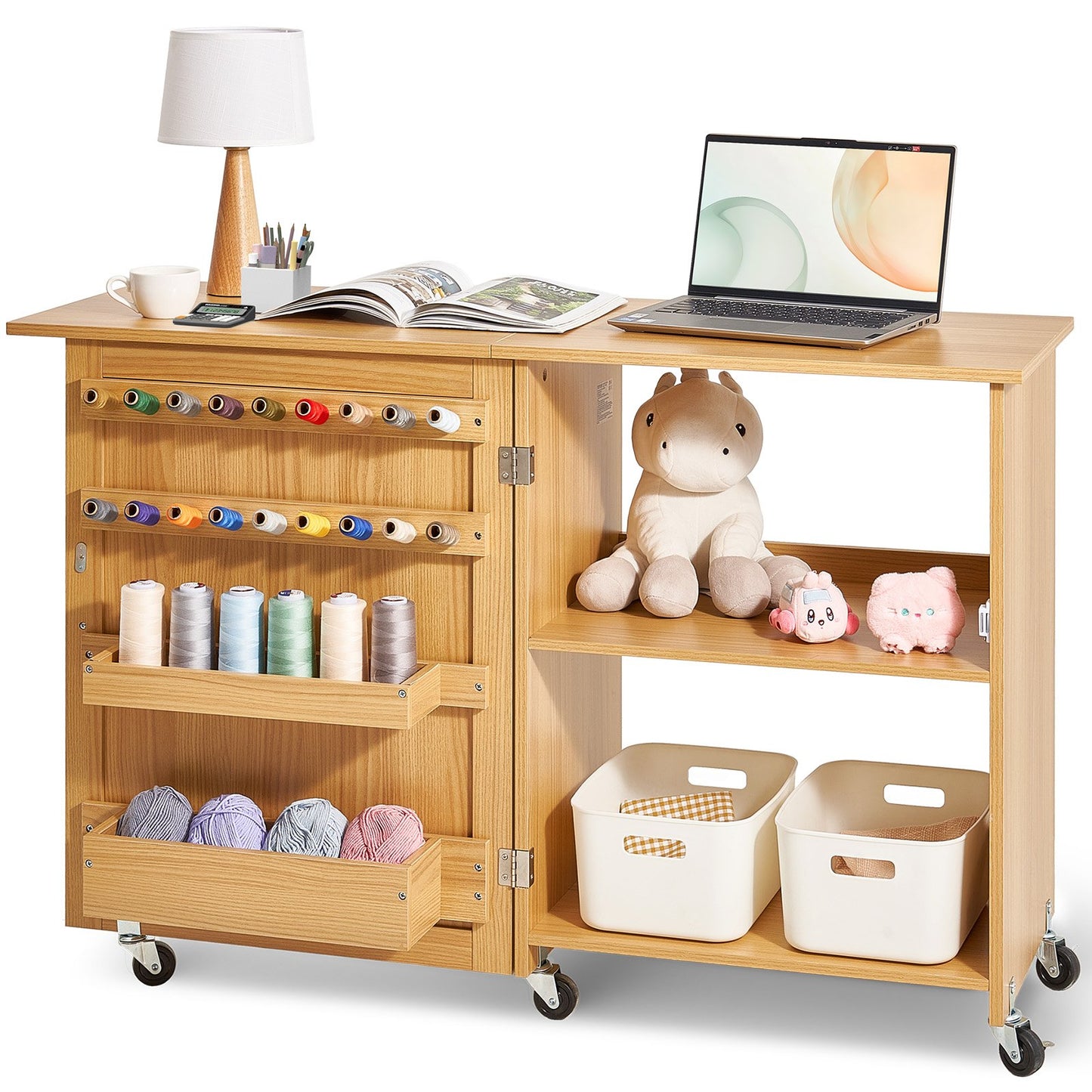 Folding sewing table with lockable wheels Shelves Trays Door Wood color