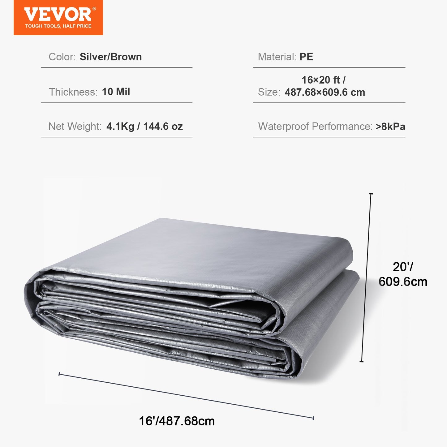 Tarp Waterproof 16x20 ft, Plastic Poly Tarp Cover 10 Mil, Multi Purpose Tear UV and Temperature Resistant Outdoor Tarpaulin with High Durability Reinforced Grommets (Silver/Brown)