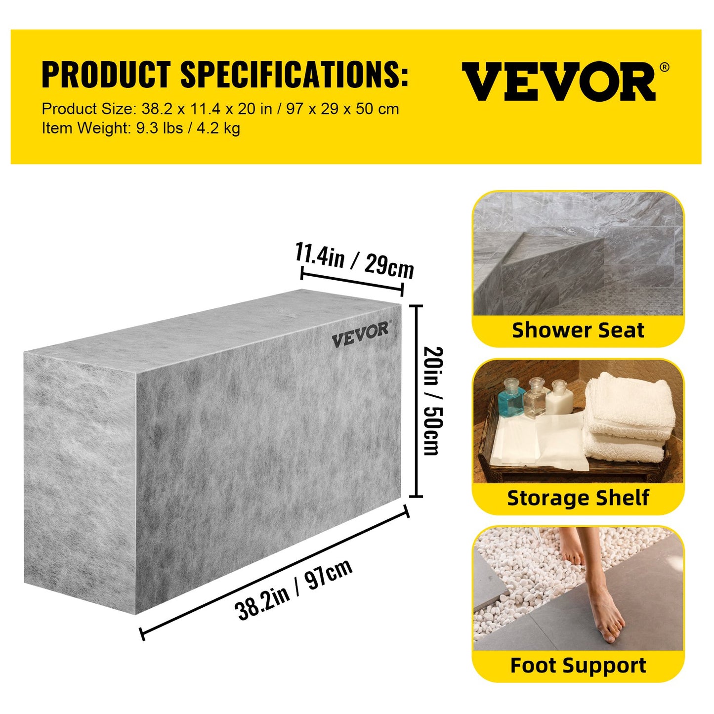 Board Shower Bench Rectangle Bench Ready to Tile&Waterproof 38.2x11.4x20"