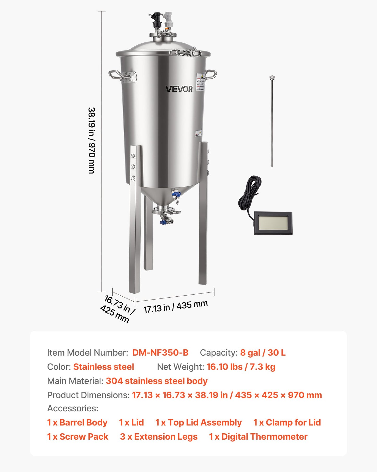 Pressure Fermenter 15 PSI, 8 Gal/30L All-in-One Stainless Steel Conical Secondary Fermentation Bucket, for Wine, Beer Brewing Equipment
