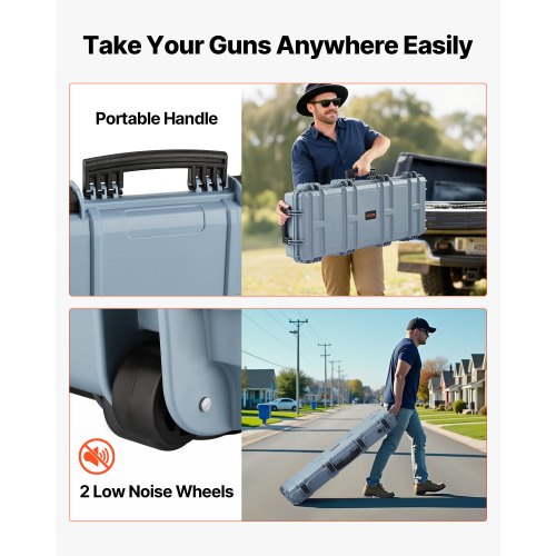 Hård gevärsväska, låsbar gevärsväska med 4 lager förskurna skum, 914 mm vapenförvaring med hjul, IP67 vattentäta och dammtäta pistolförvaringsväskor för gevär, hagelgevär, airsoftvapen, grå | EU