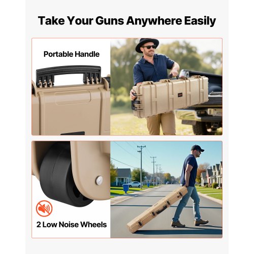 Hård gevärsväska, Låsbar gevärsväska med förskurna skum, 1270 mm Flyttbar vapenförvaring med hjul, IP67 Vattentät och dammtät pistolförvaring för gevär, hagelgevär, airsoftvapen, Khaki | EU