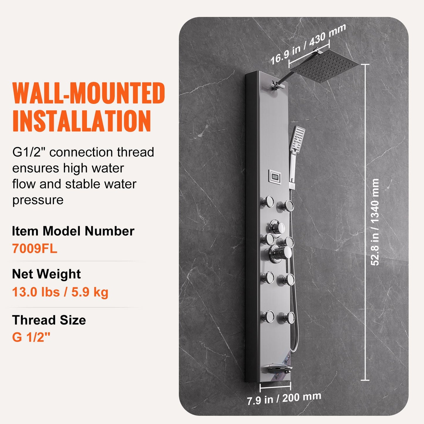 Shower Panel System, 5 Shower Modes, Digital Display Shower Panel Tower, Rainfall, 8 Massage Jets, Tub Spout, 3-Setting Handheld Shower Head 59" Hose, Stainless Steel Wall-Mounted Shower Set