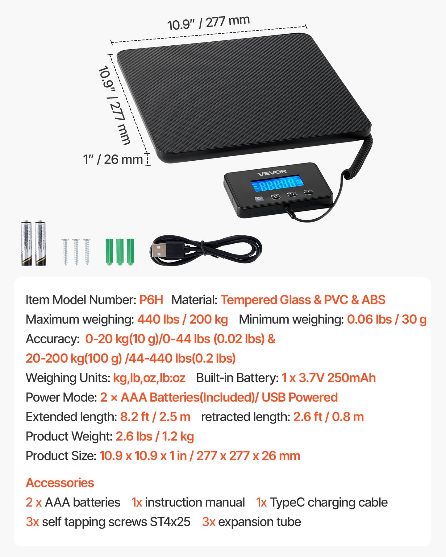 Digital Postal Scale, 0.35 oz/3.5 oz Dual Accuracy, 440 lbs Commercial Weight Scale with Hold/Tare Function & LCD Display, Fit for Packages, Postage, Luggage, Battery & Charging Cable Included