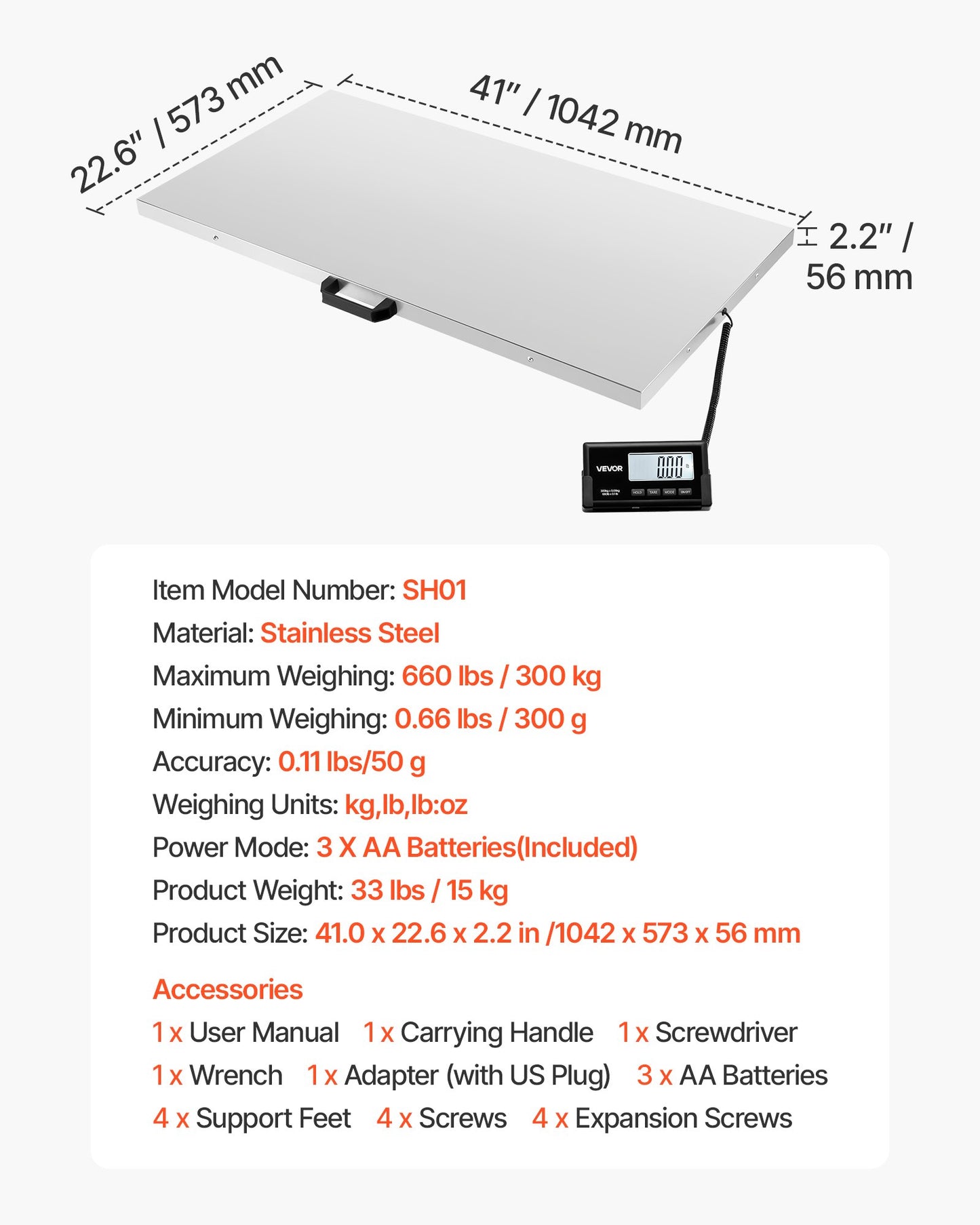 Digital Shipping Scale, 0.1 lbs High Accuracy, 660 lbs Postal Scale with LCD Display, Hold/Tare Function & AC/DC Power Supply, Fit for Packages, Postage, Luggage, Battery & Adapter Included