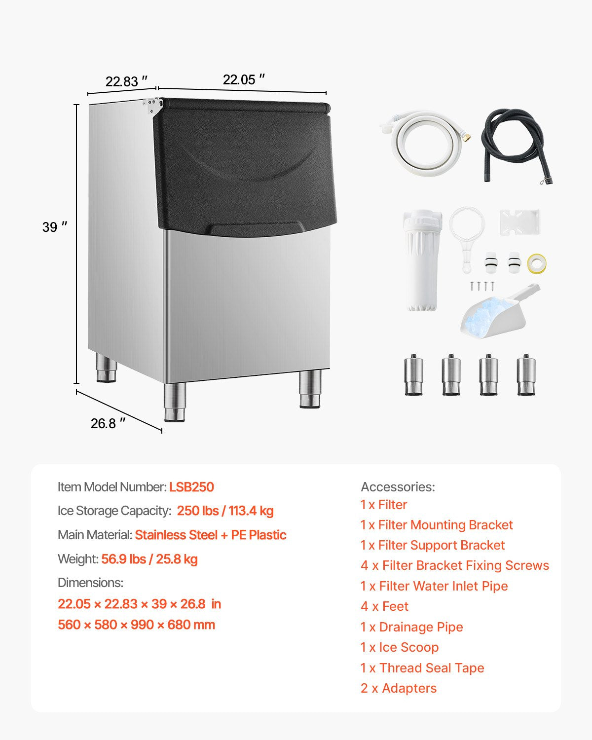 Commercial Ice Maker Storage Bin, 250LBS Capacity Ice Bin, Stainless Steel Ice Storage Bin with Filter and Adjustable Anti-slip Rubber Feet, Suitable for Restaurant Hotel and Beverage Shops