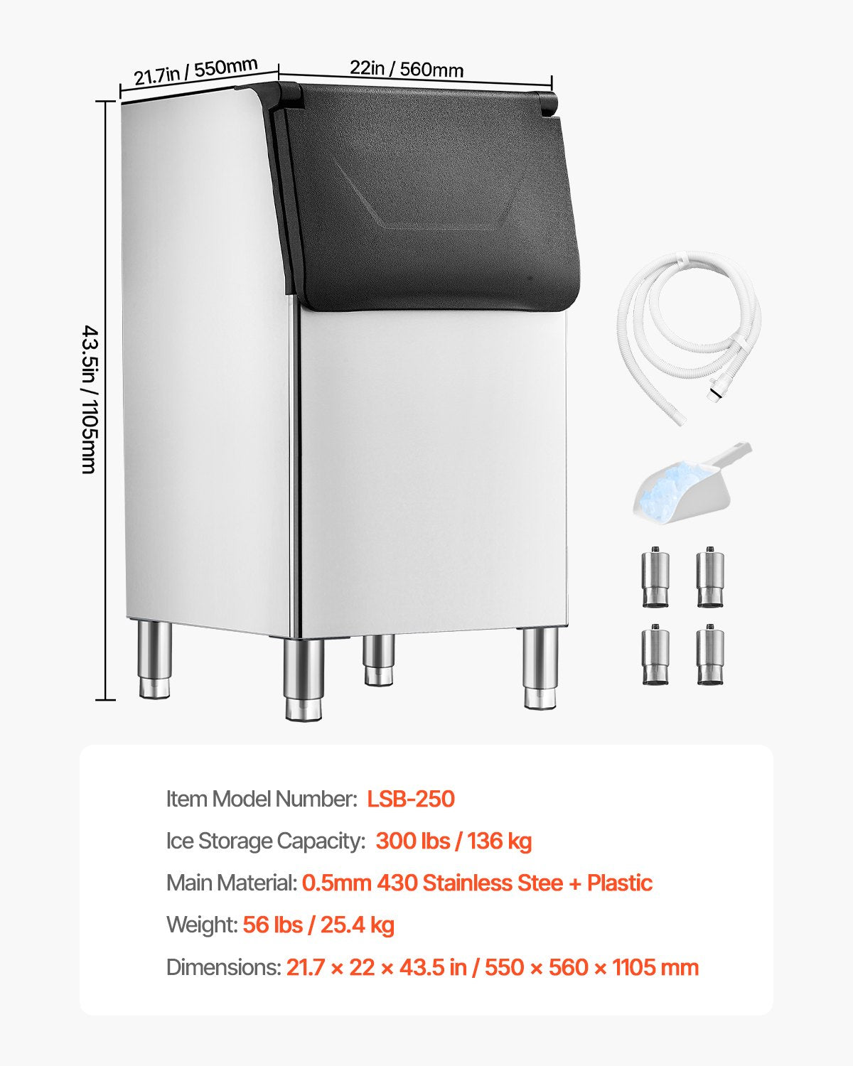 Commercial Ice Maker Storage Bin, 300 LBS Capacity Ice-Bin, Commercial Ice Storage Bin with Adjustable Anti-slip Rubber Feet, Suitable for Restaurant Hotel and Beverage Shops