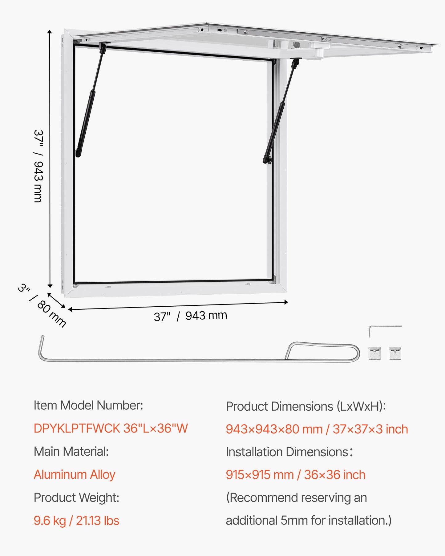 Concession Window 36x36 in, Aluminum Alloy Frame Service Window for Food Truck, Up to 85 Degrees Stand Serving Window with Awning Door and Drag Hook, Rainwater Resistant for Concession Trailers