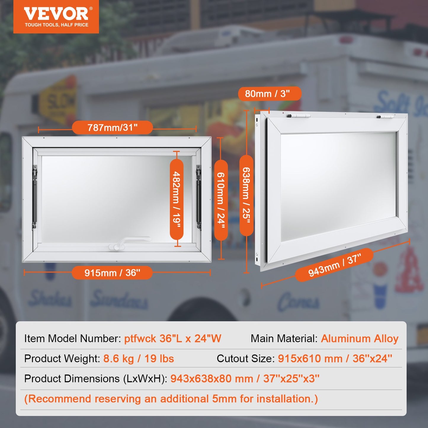 Concession Window 36"x24", Aluminum Alloy Food Truck Service Window with Awning Door & Drag Hook, Up to 85 Degrees Stand Serving Window for Food Trucks Concession Trailers, Glass Not Included
